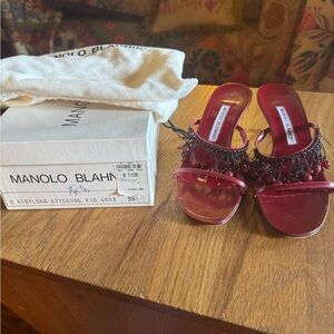 Manolo Blahnik Red Beaded Slide Heels